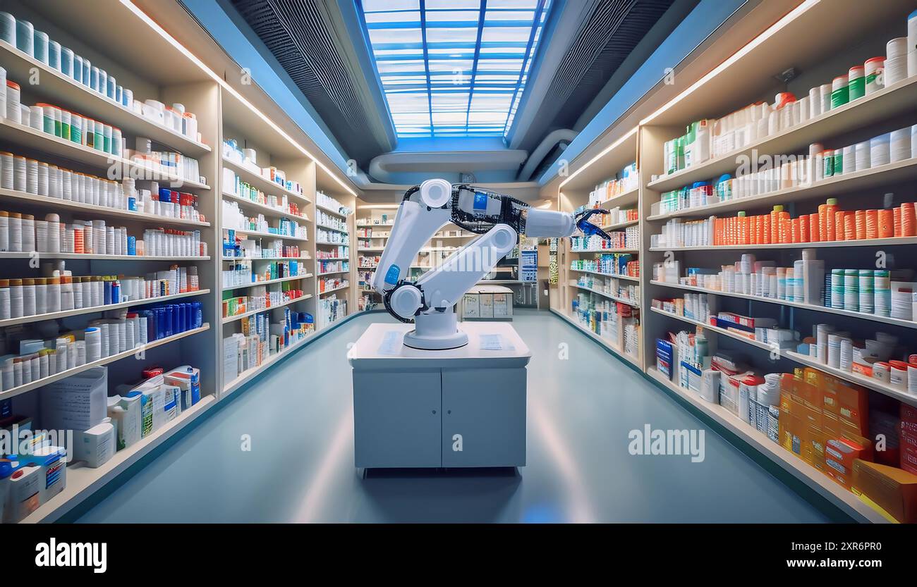 Apotheke Lagerraum und eine funktionierende Roboterhand, arrangieren und lagern Medikamente Apotheke. Stockfoto