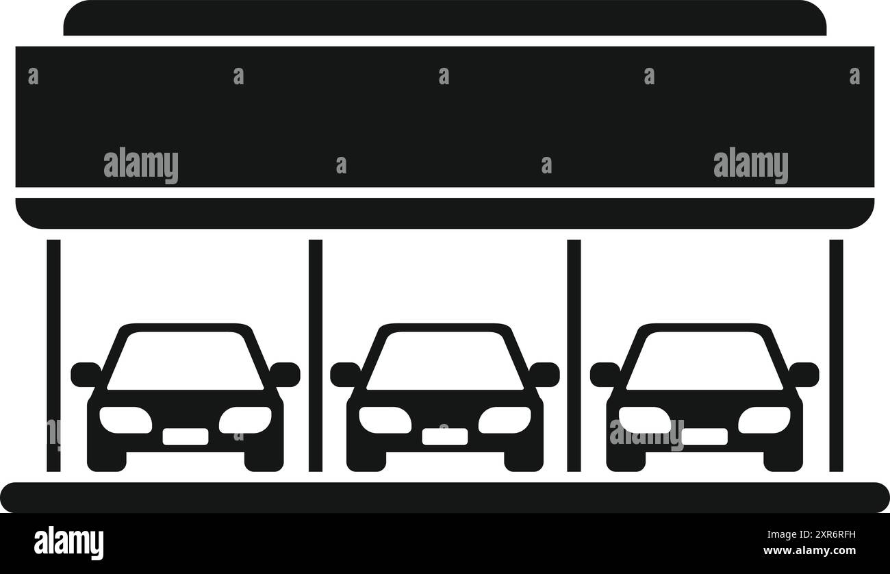 Einfaches Vektorsymbol eines Autohändlers mit drei davor geparkten Fahrzeugen Stock Vektor