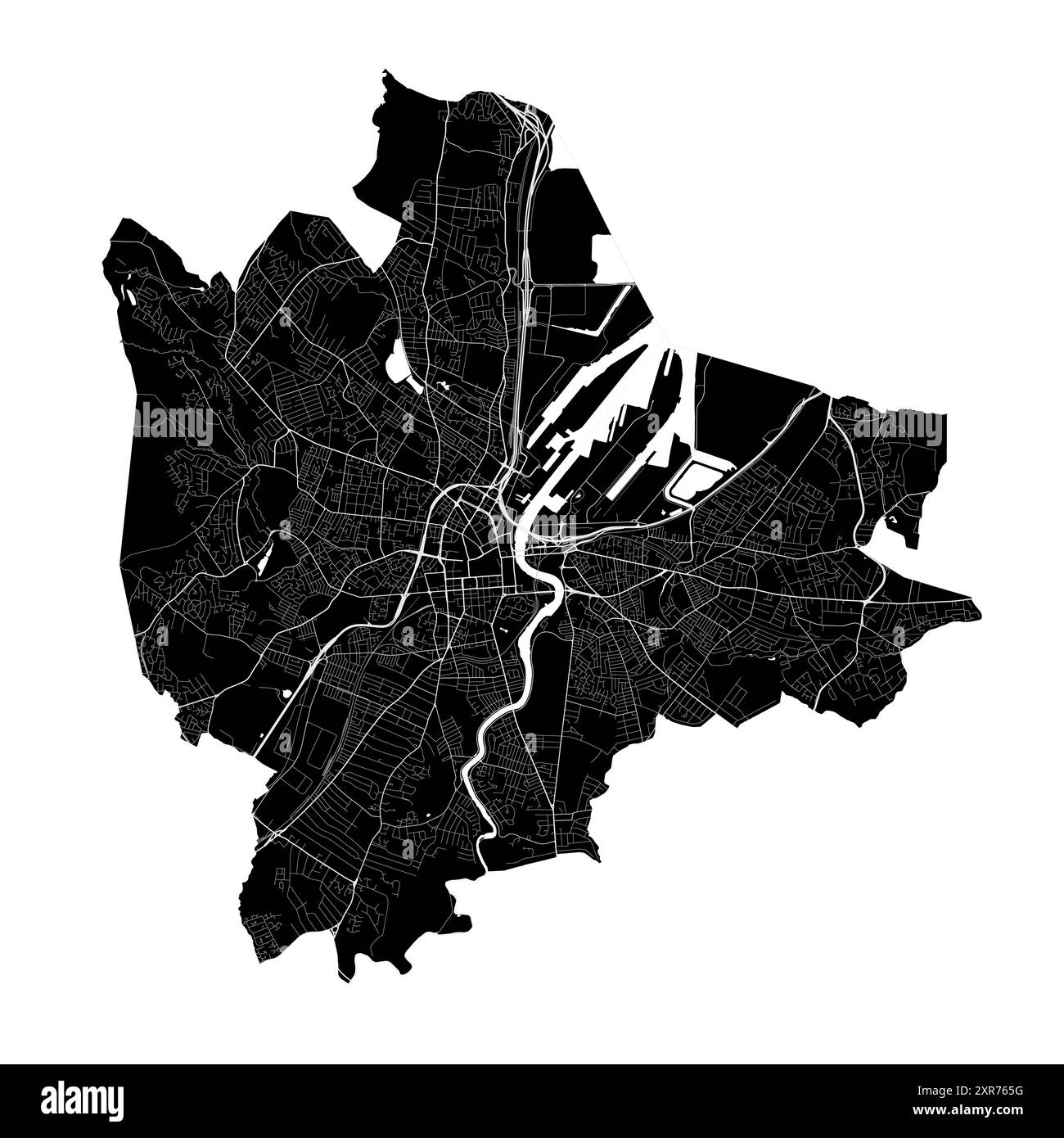 Karte von Belfast, Nordirland. Detaillierte Stadtvektorkarte, Metropolregion mit Grenze. Schwarz-weiße Straßenkarte mit Straßen und Wasser. Stock Vektor