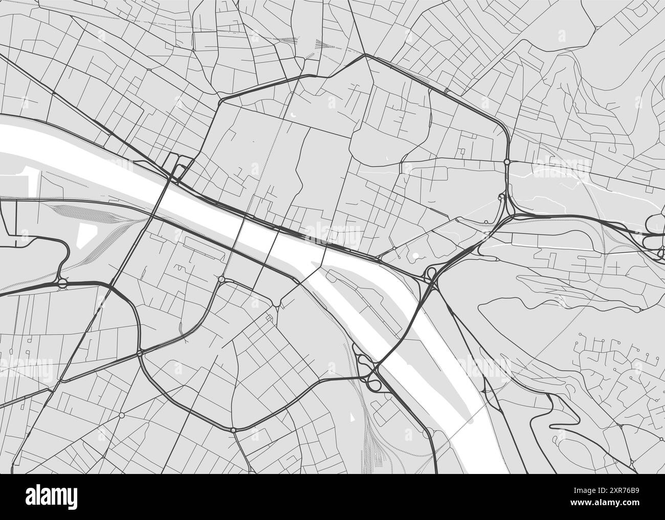 Grauskala Rouen Karte, Frankreich. Vektor Stadtstraetmap, Gemeindegebiet. Stock Vektor