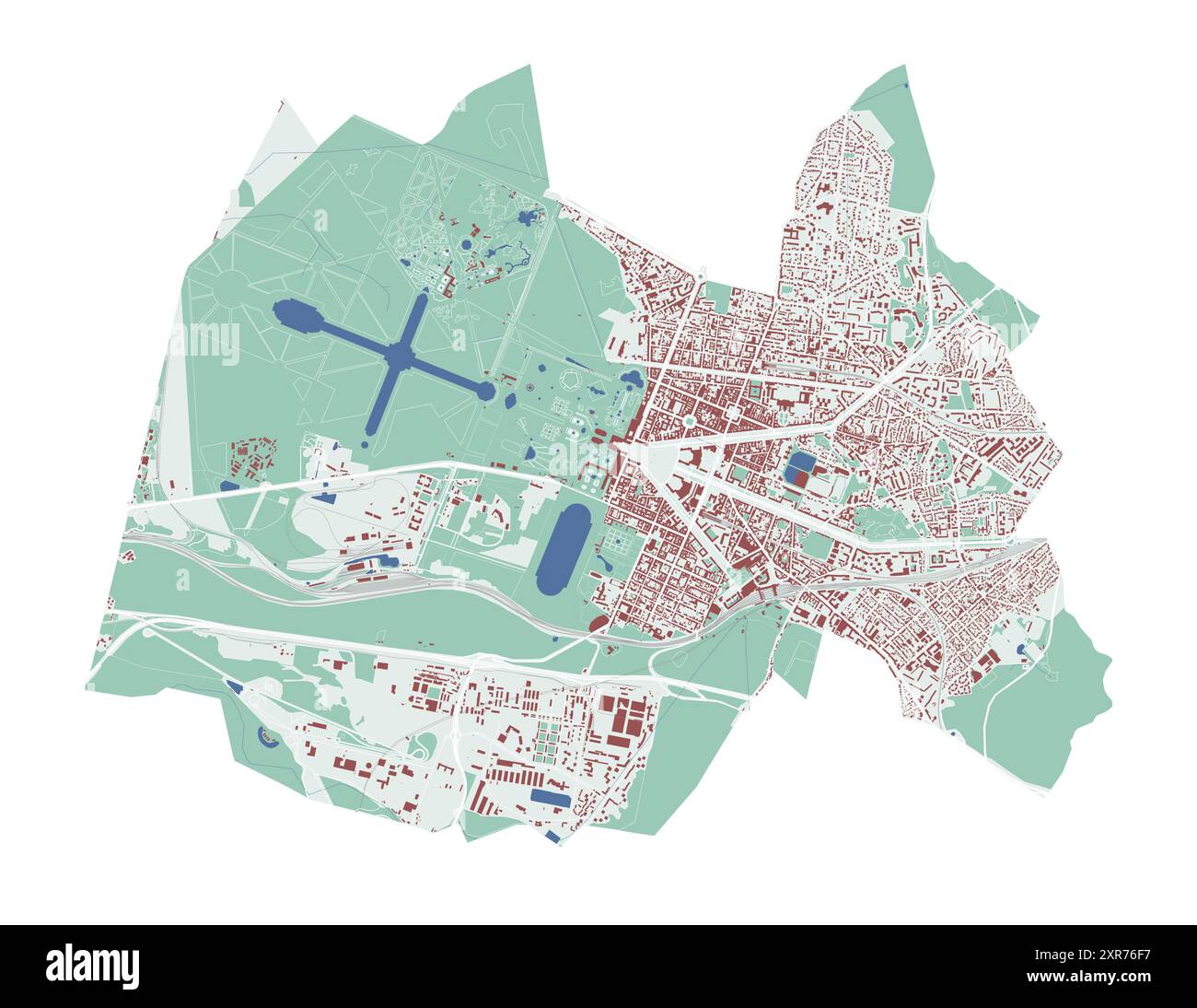 Versailles Karte, Frankreich. Stadtplan, Vektor-Straßenkarte mit Gebäuden und Straßen, Parks und Flüssen. Stock Vektor