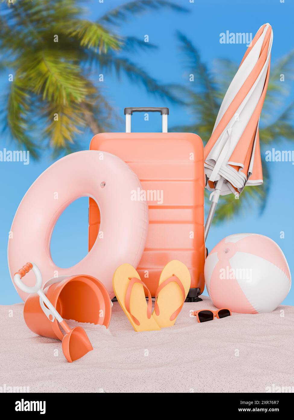 3D-Rendering eines farbenfrohen Strandurlaubs mit orangefarbenem Koffer, Regenschirm, Strandball, Flip-Flops, Sonnenbrille, und aufblasbarer Ring, mit Handfläche Stockfoto