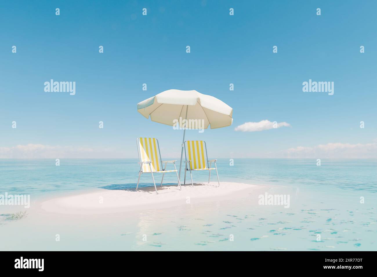 3D-Darstellung von zwei gestreiften Liegen unter einem weißen Sonnenschirm auf einer Sandinsel mit ruhigem türkisfarbenem Wasser und klarem blauem Himmel. Ruhiger Strand V Stockfoto