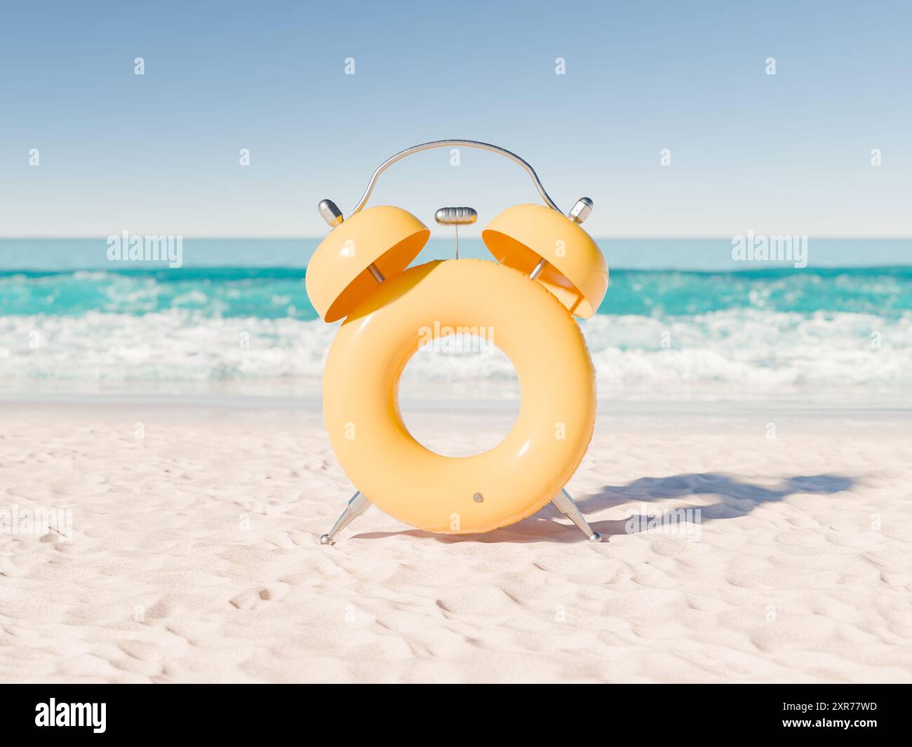 3D-Rendering eines weckerförmigen aufblasbaren Schwimmers an einem unberührten Strand. Konzepte von Sommer- und gemächlichen Strandurlauben. Stockfoto