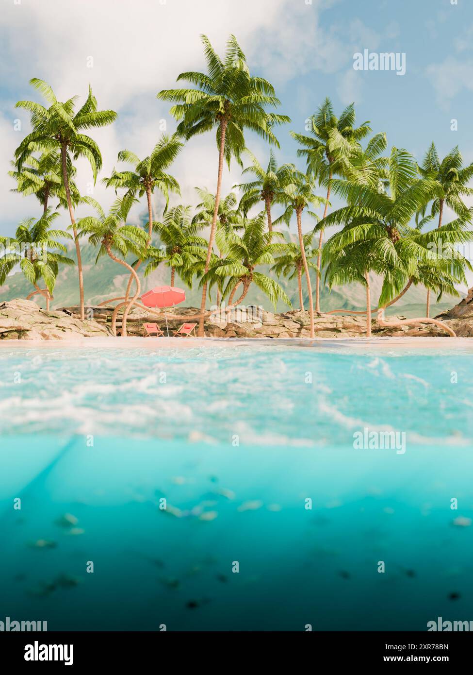 3D-Darstellung einer malerischen tropischen Strandszene aus der Unterwasserwelt mit pulsierenden Palmen, einem Sonnenschirm und Liegestühlen mit Bergen in d Stockfoto