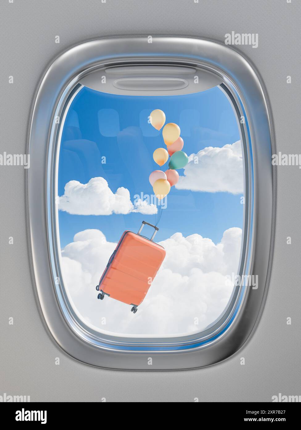 3D-Rendering eines orangen Koffers, der an bunten Ballons gebunden ist und vor einem Flugzeugfenster vor einem Hintergrund flauschiger Wolken schwebt. Reiseabenteuer Stockfoto