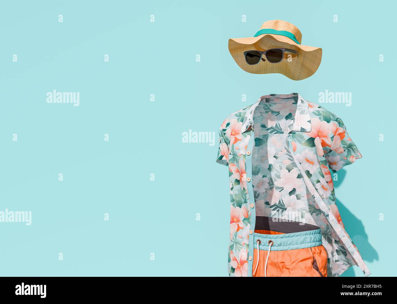 Sommer-Strandbekleidung auf unsichtbarem Mann mit Blumenhemd, orangen Badeshorts, Strohhut und Sonnenbrille vor einem beruhigenden blauen Hintergrund. Vakuat Stockfoto