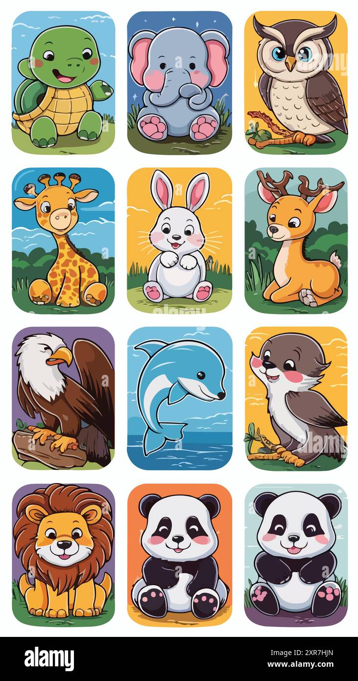 Set von niedlichen Tiervektor Illustration von niedlichen Tieren und Vögeln yoon, Igel, Wal, Panda, Löwe, Hirsch Stock Vektor