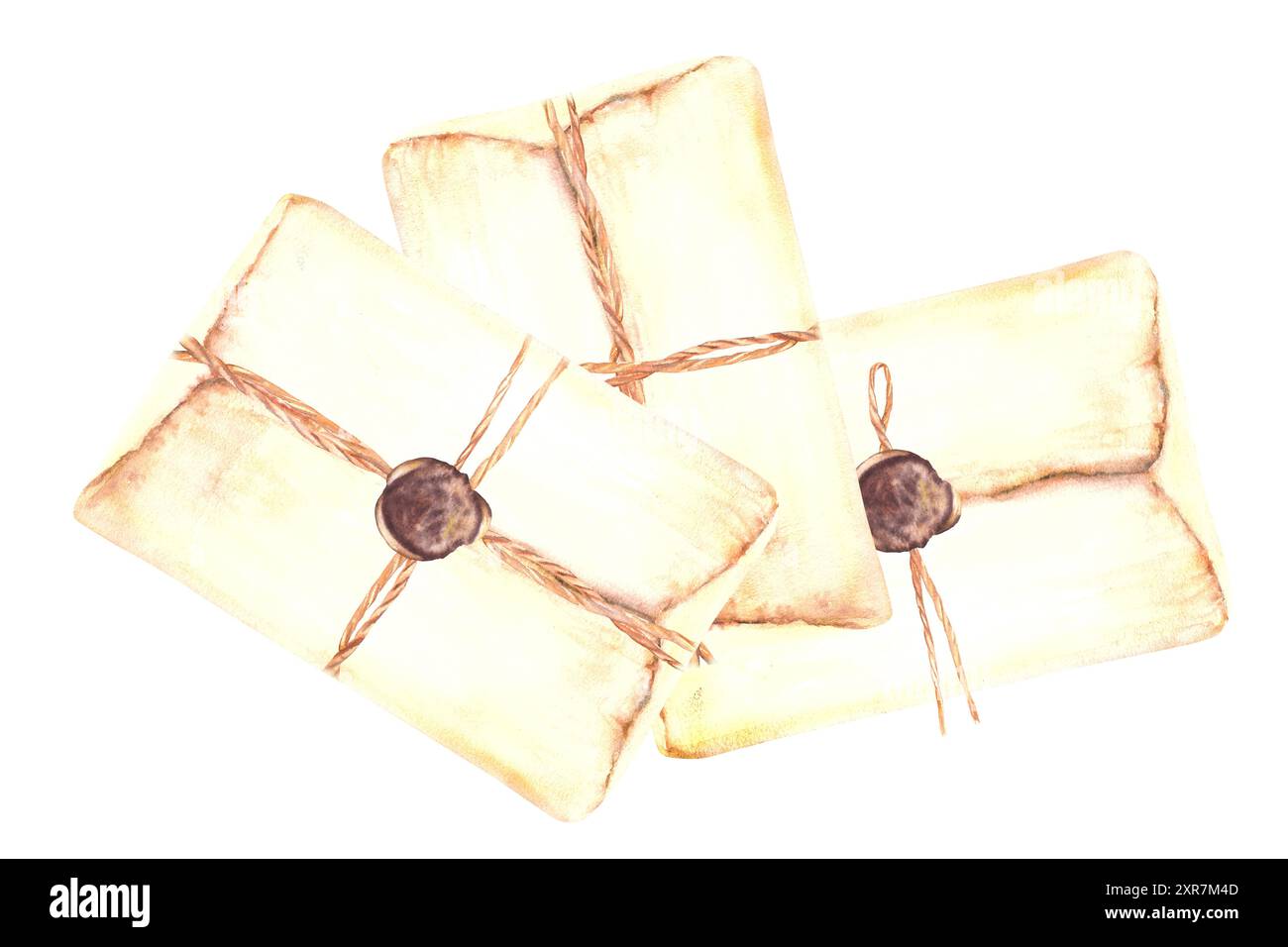 Alte Buchstaben mit Dichtwachs versiegelt und mit Schnur gebunden. Aquarellpost, altes Postpapier. Handgezeichnete Abbildung. Clipart für Einladung Stockfoto
