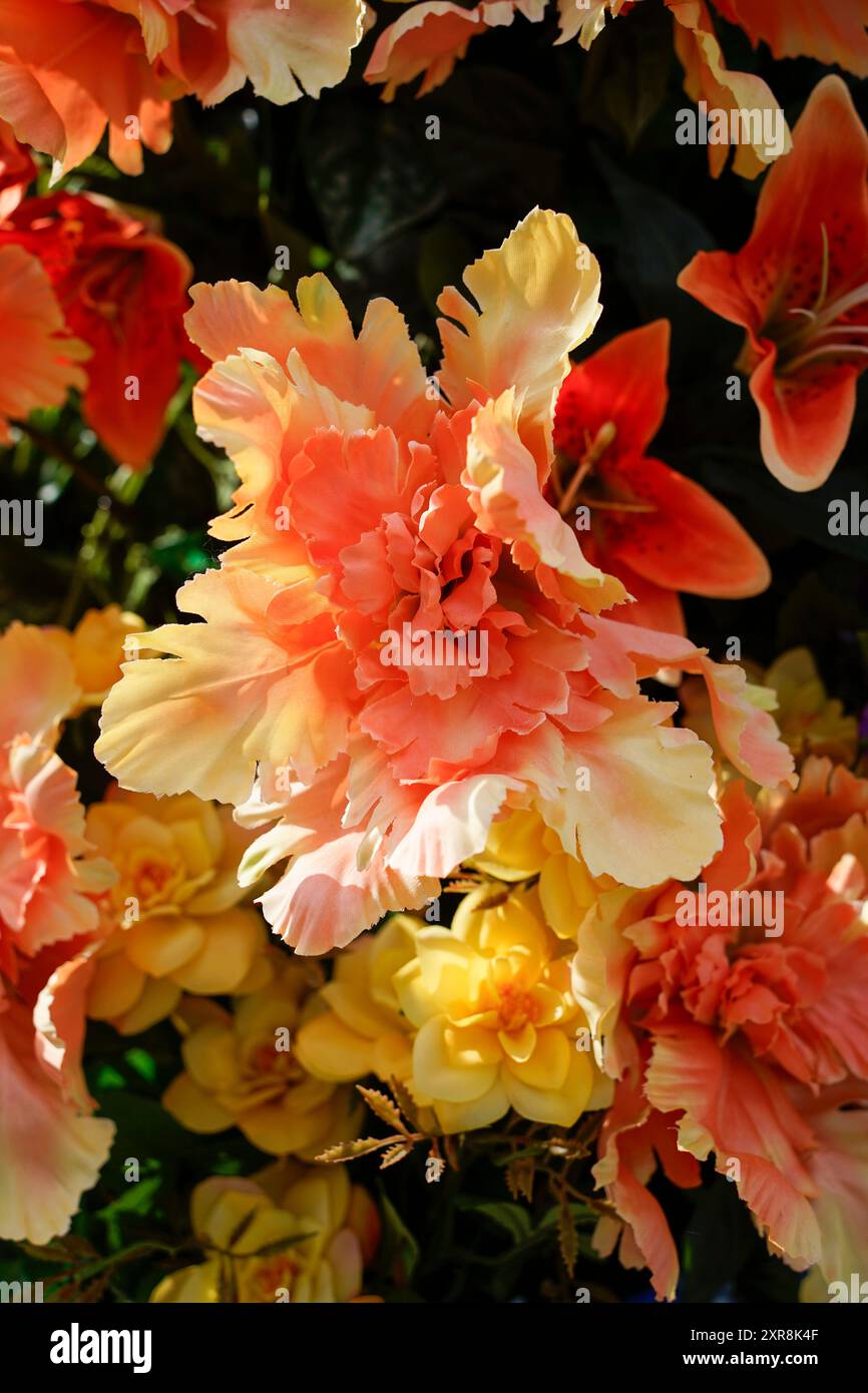 Buntes Sortiment an Kunstblumen bei Sonnenschein. Vollbildaufnahme. Keine Personen. Stockfoto