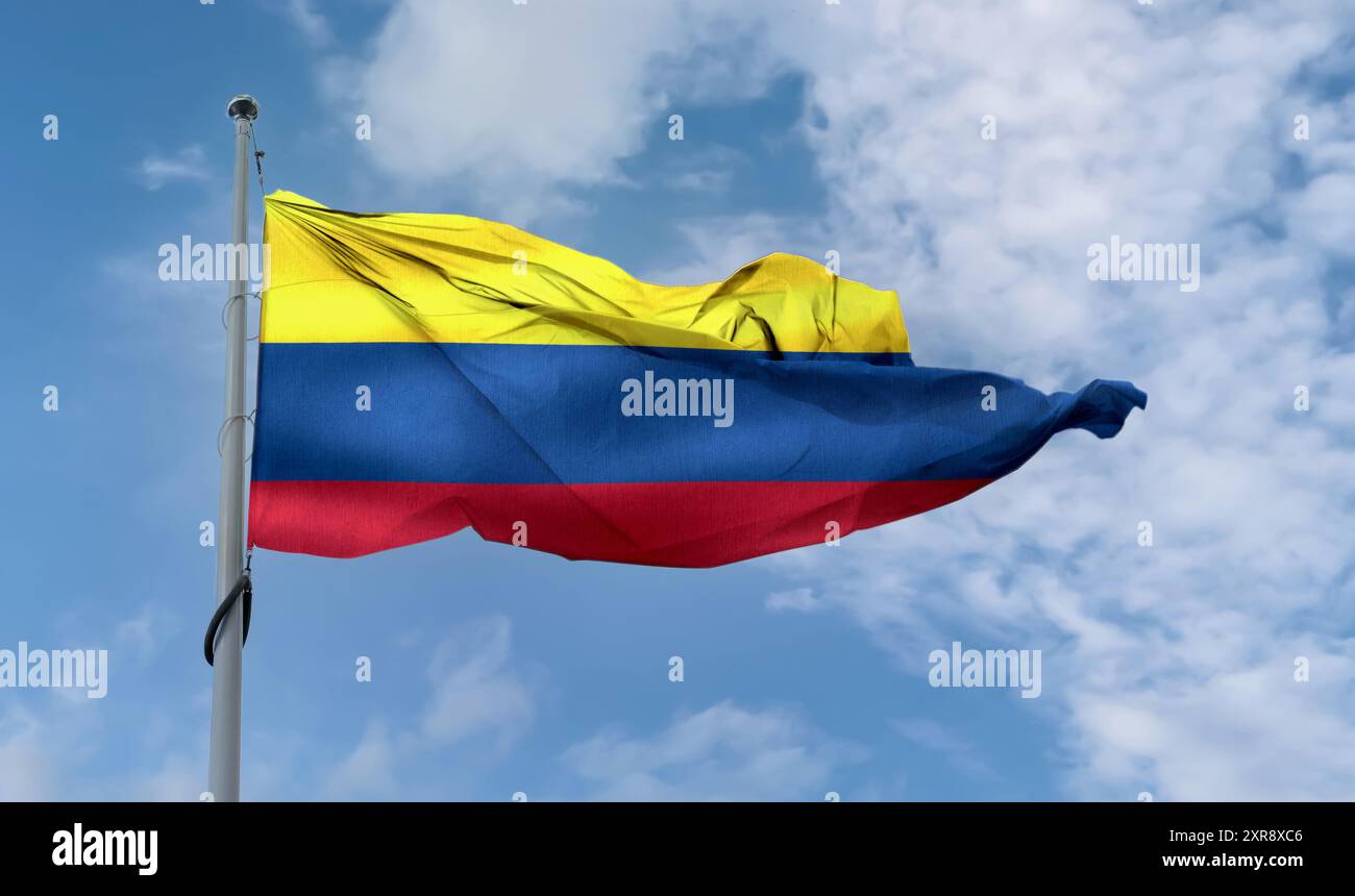 Kolumbien-Flagge - realistisch schwenkende Stofffahne. Stockfoto