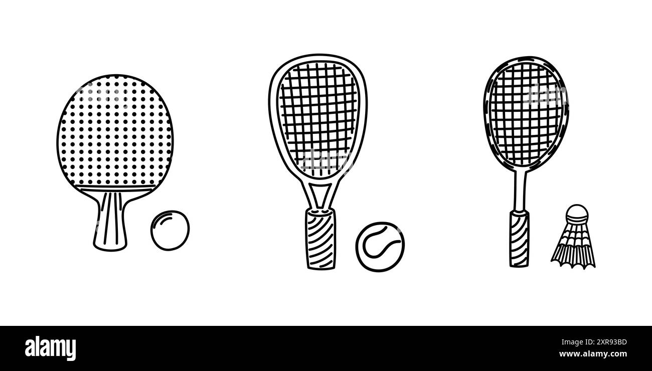 Set mit Ikonen wie Badminton, Tischtennis und Schläger für Gewichtheben mit Ball. Handgezeichnete Kritzelsymbole für aktive Sportarten. Stock Vektor