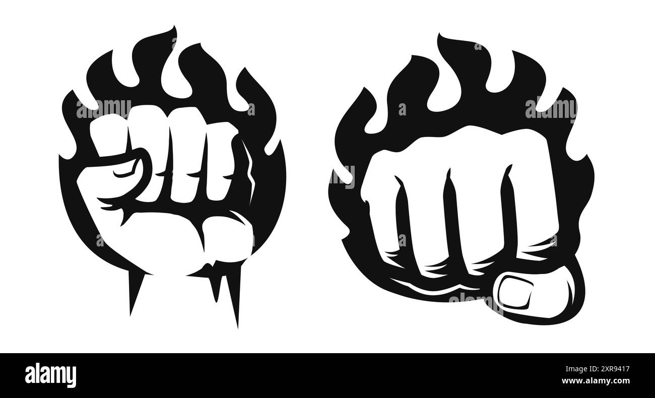 Kampfgeist Sport-Logo oder -Symbol. Symbol für die Kraft, die von Hand geballt wird. Faust in Flammen des Feueremblems schlagen Stock Vektor