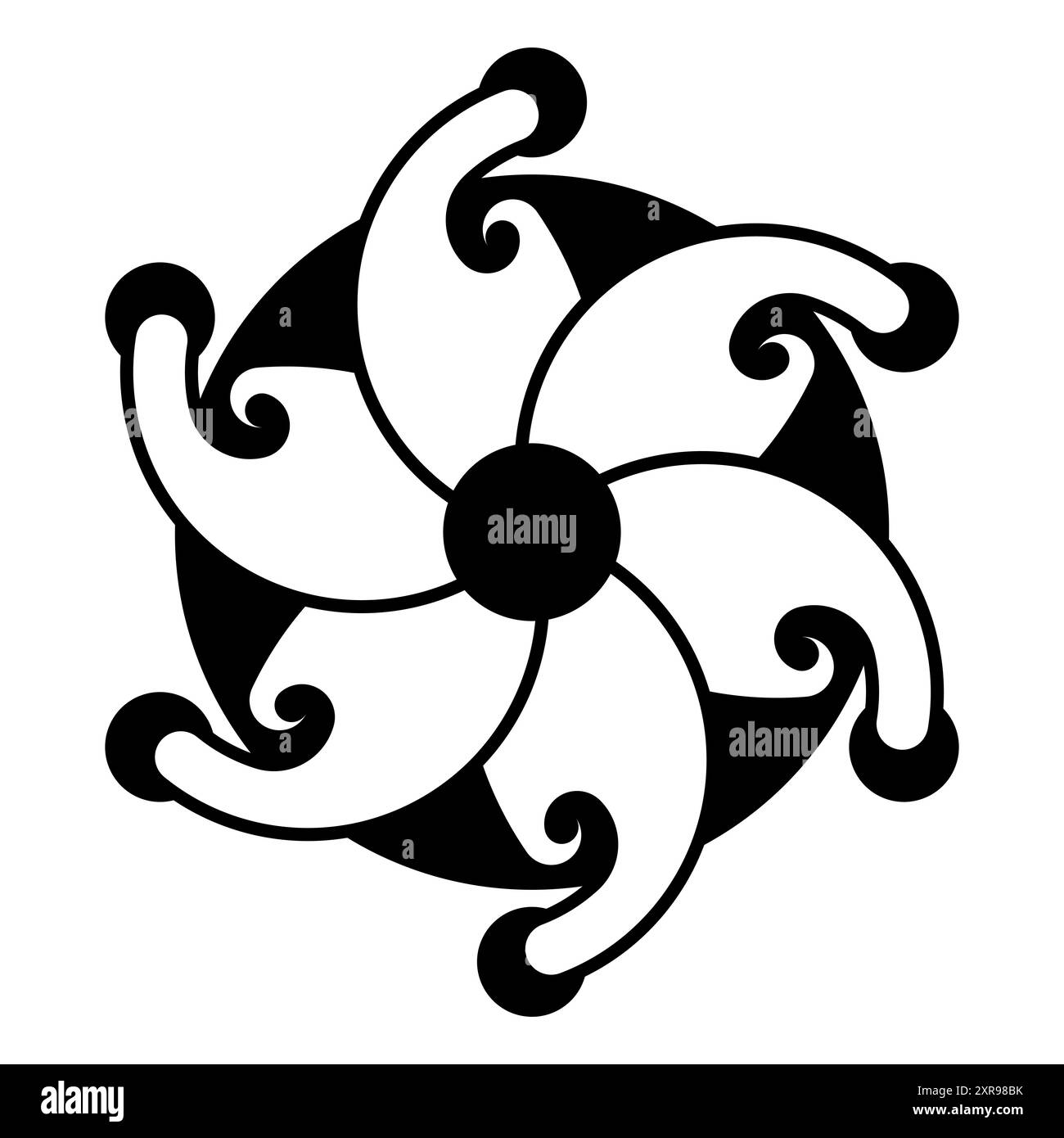 6-zackiger Stern, Kornkreismuster. Struktur in Form eines Windrads oder einer Blume, mit sechs Blütenblättern, die sich gegen den Uhrzeigersinn drehen. Stockfoto