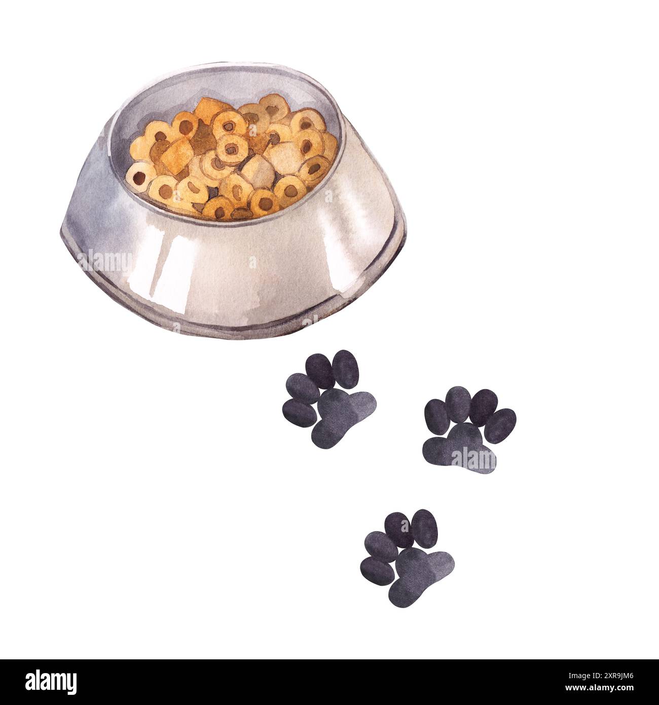 Tierfutterplatte, Katzen und Hunde, Tierspuren. Aquarellabbildung. Alle Objekte sind handgezeichnet mit Aquarellen. Geeignet zum Bedrucken von Textilien Stockfoto