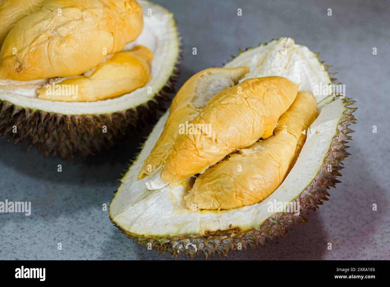 Bereit, Durianfleisch zu essen. Stockfoto