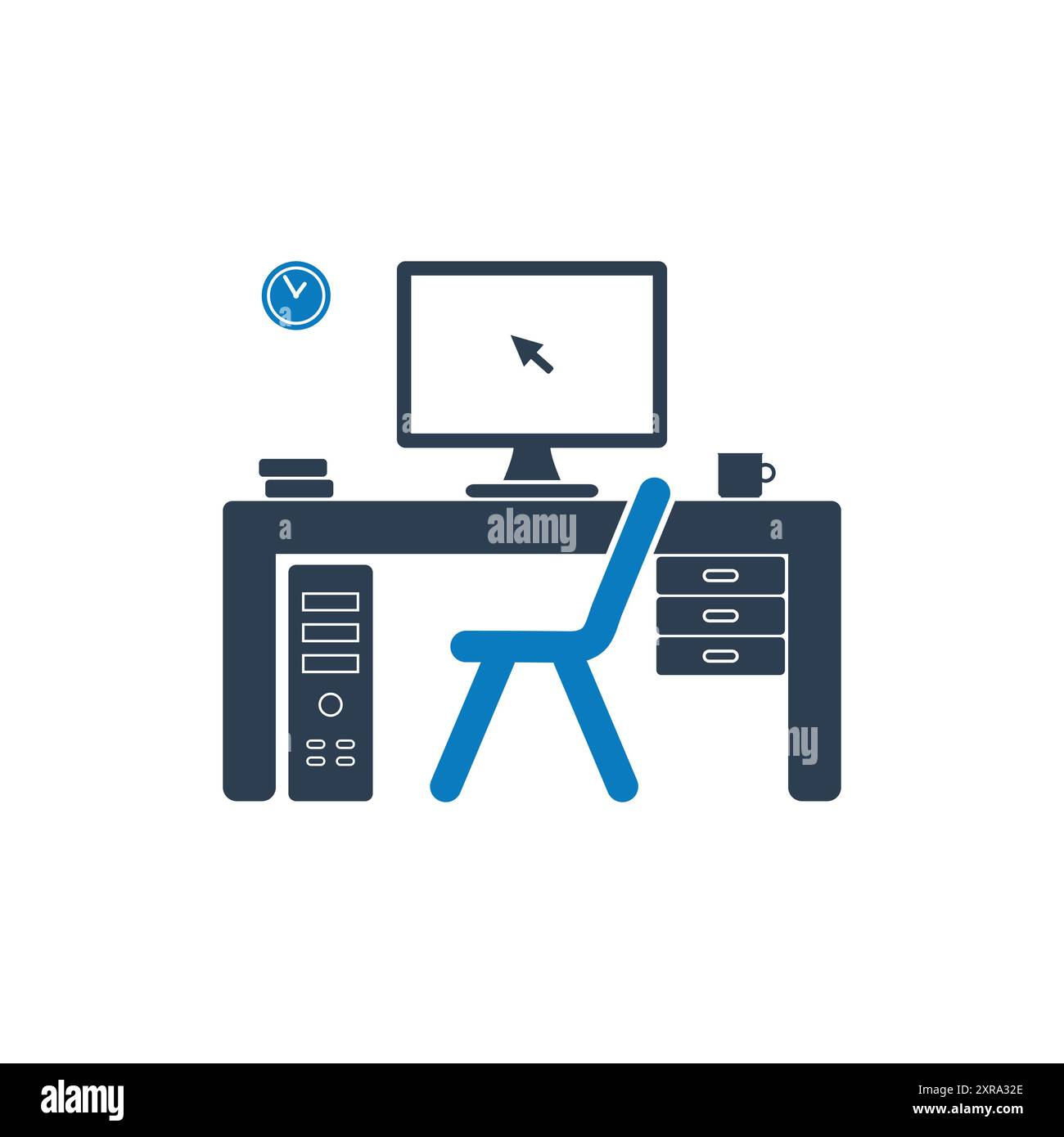 Computer Workstation-Symbol. Mit Computer, Schreibtisch, Stuhl, CPU, Uhr, Bücher und Symbole für Kaffeetassen. Bearbeitbare Illustration Des Abgewickelten Vektors. Stock Vektor