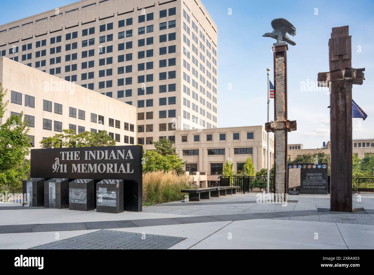 Indianapolis, Indiana - 26. Juli 2024: Blick auf das 11. September Memorial am Canal Walk in Downtown Indianapolis. Stockfoto