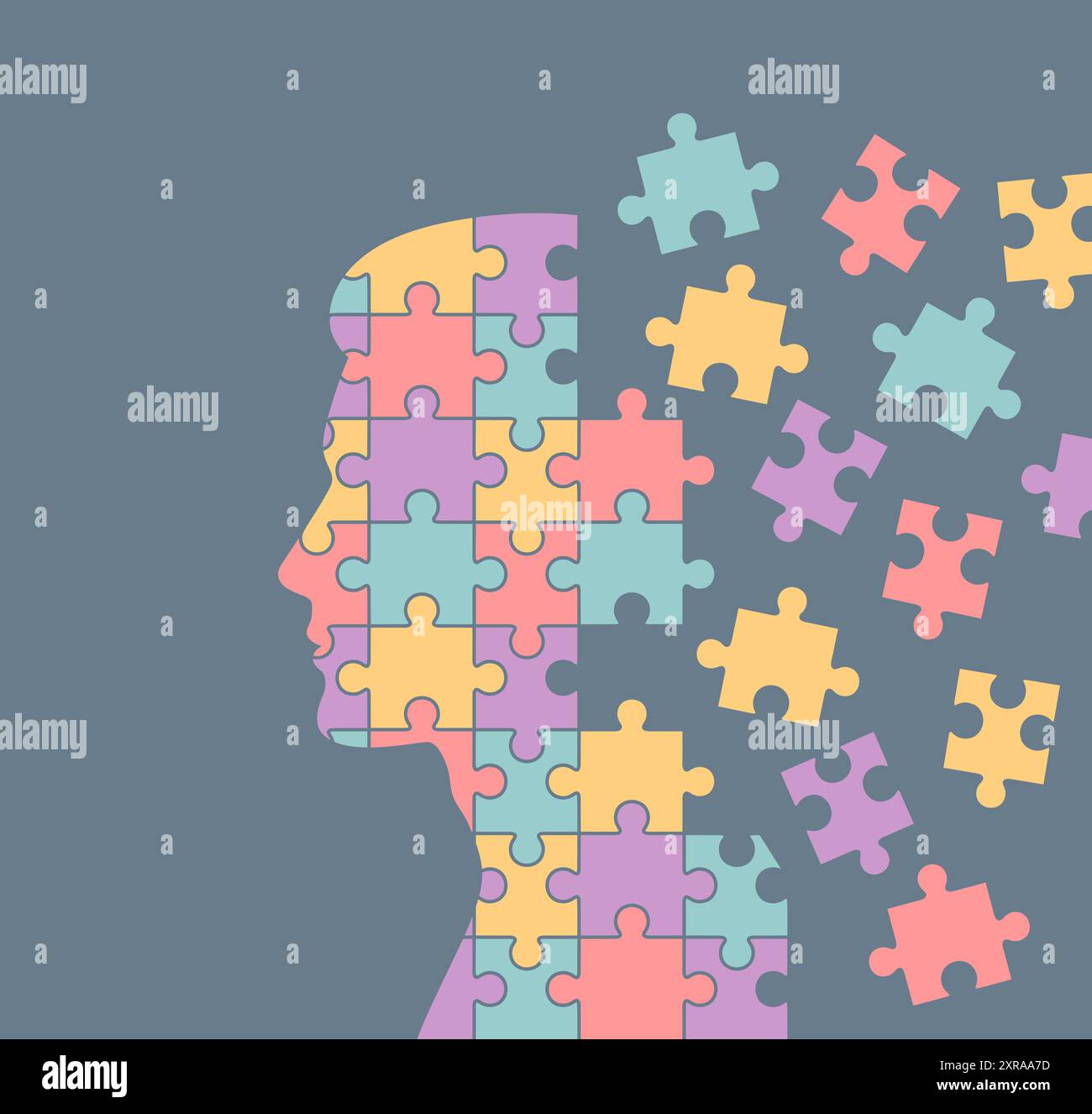 Eine menschliche Silhouette aus mehrfarbigen, zerbröckelnden Puzzles. Illustration des flachen Vektors Stock Vektor