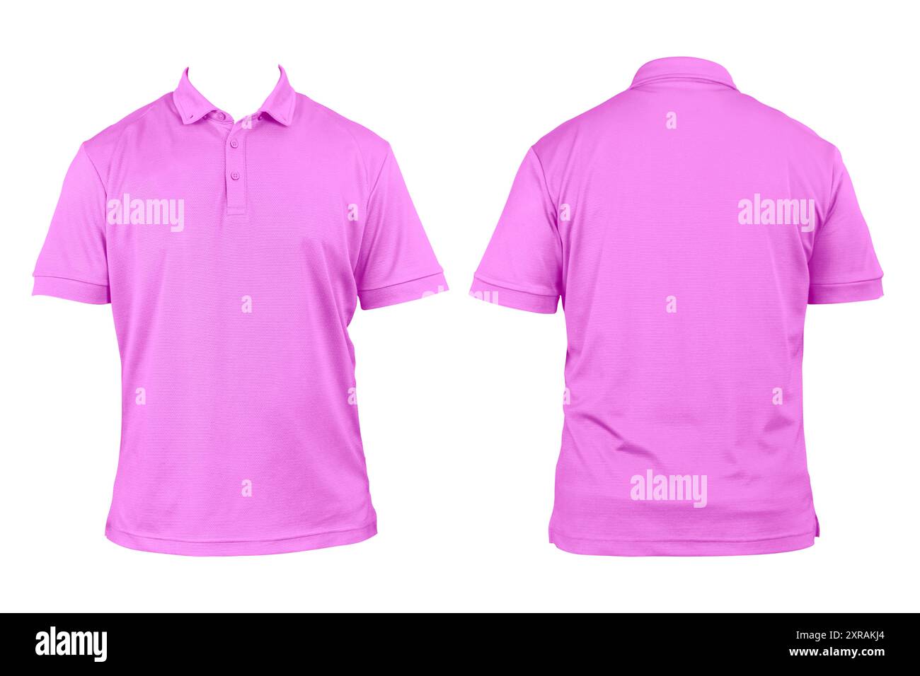 Leere Kleidung für Design. Pinkfarbenes Poloshirt, Kleidung auf isoliertem weißem Hintergrund, Vorder- und Rückansicht, isoliertes weißes, einfarbiges T-Shirt. Modell. Drucken Stockfoto
