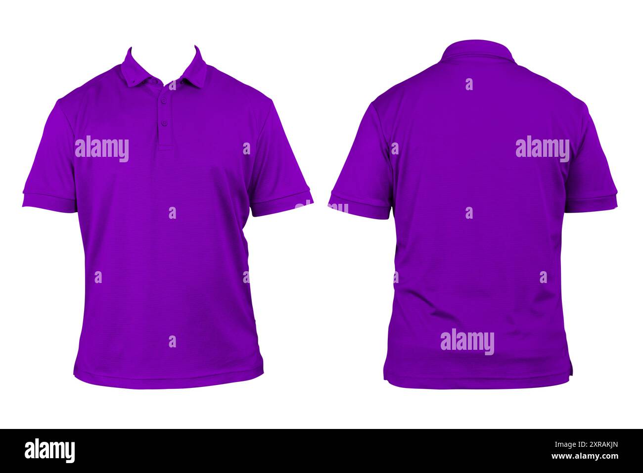 Leere Kleidung für Design. Lila Poloshirt, Kleidung auf isoliertem weißem Hintergrund, Vorder- und Rückansicht, isoliertes weißes, einfarbiges T-Shirt. Modell. Drucken Stockfoto