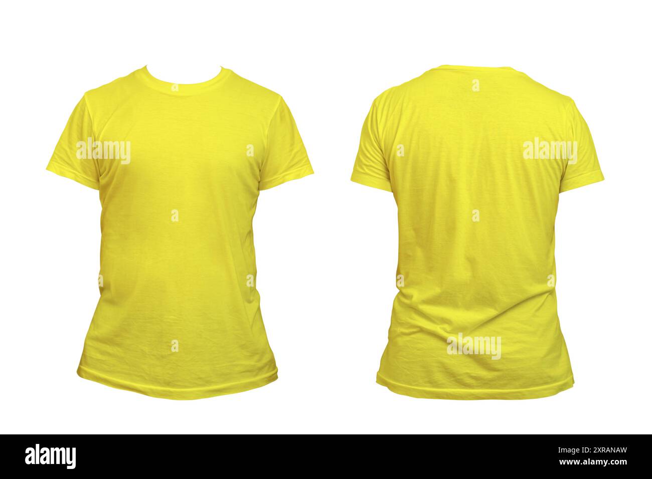 Leeres gelbes, sauberes T-Shirt-Modell, isoliert, Vorderansicht. Leeres T-Shirt-Modell. Durchsichtiges Stofftuch für Fußball- oder Style-Outfit-Vorlagen. Clippin Stockfoto