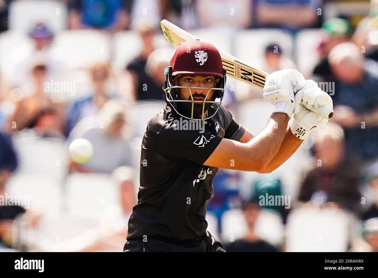 Taunton, Großbritannien, 9. August 2024. Somerset's Andy Umeed schlug beim Metro Bank One-Day Cup Spiel zwischen Somerset und Worcestershire. Quelle: Robbie Stephenson/Somerset Cricket/Alamy Live News Stockfoto