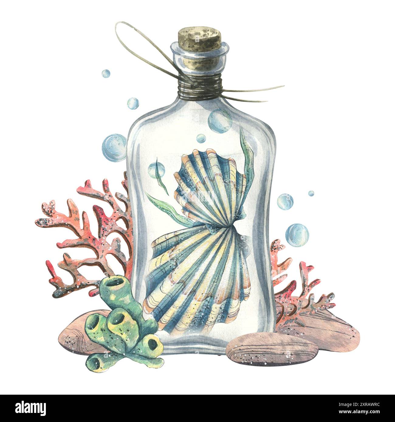 Muscheln, Meeresschwämme, Korallen, Kieselsteine und Blasen in einer Glasflasche mit Stopfen. Handgezeichnete Aquarellillustration der Unterwasserwelt Stockfoto