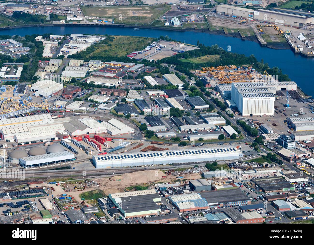 Eine Drohnenaufnahme vom Hafen von Middlesbrough, Teeside, Nordostengland, Großbritannien, Stockfoto