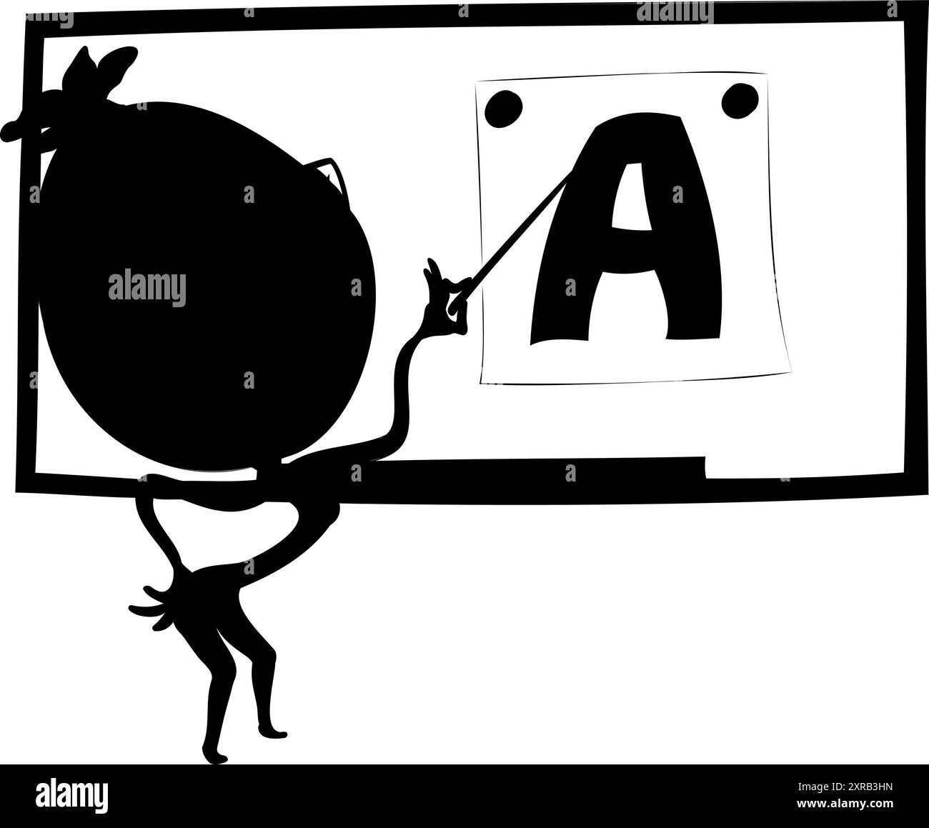 Vektorform des Wassermelonenlehrers mit Brille, die auf Bild mit Buchstabe A. zeigt Vektorillustration des Zeichentrickcharakters Wassermelonenlehrer Stock Vektor