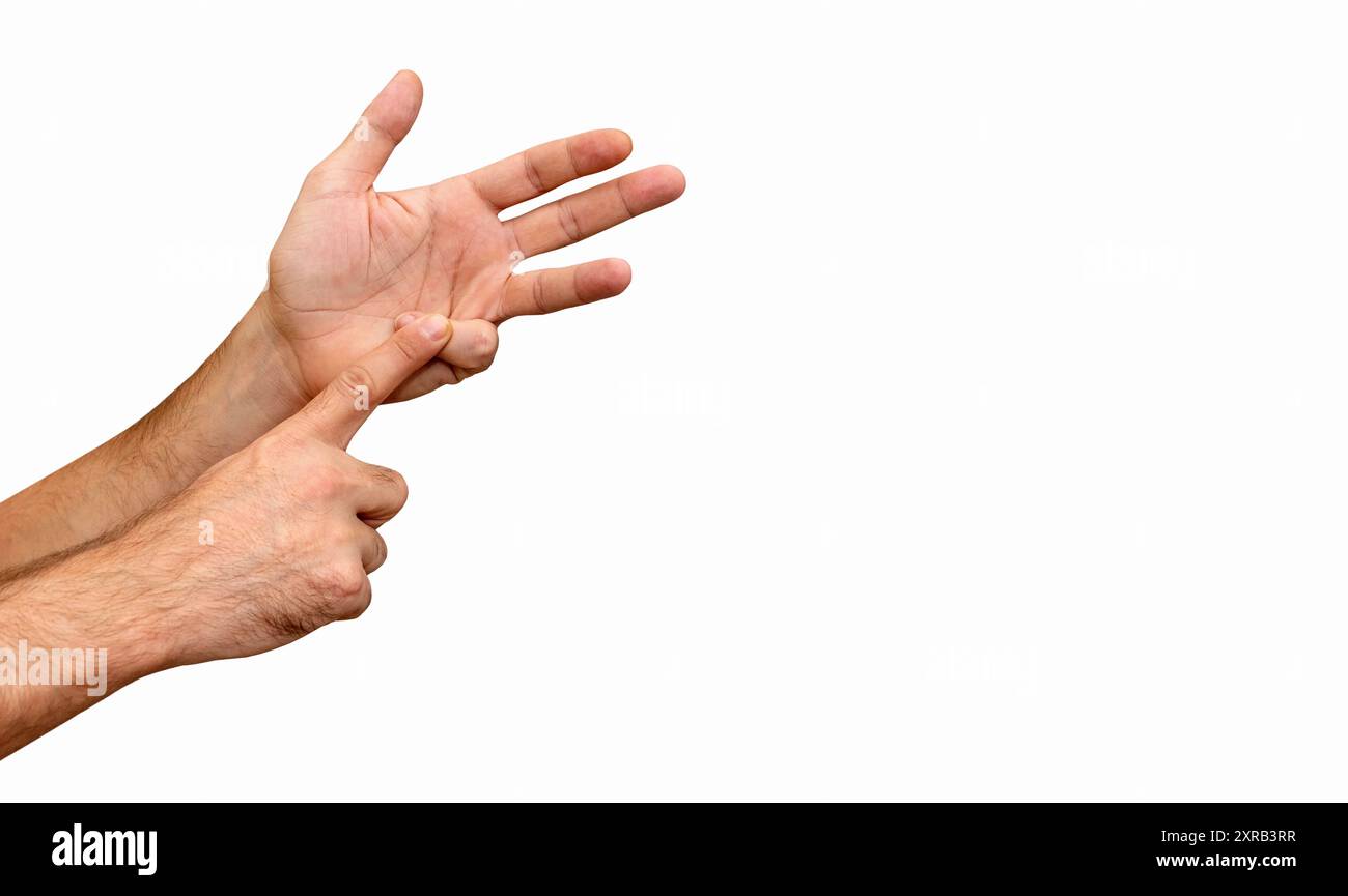 Isolierte männliche Hände zählen Finger. Stockfoto