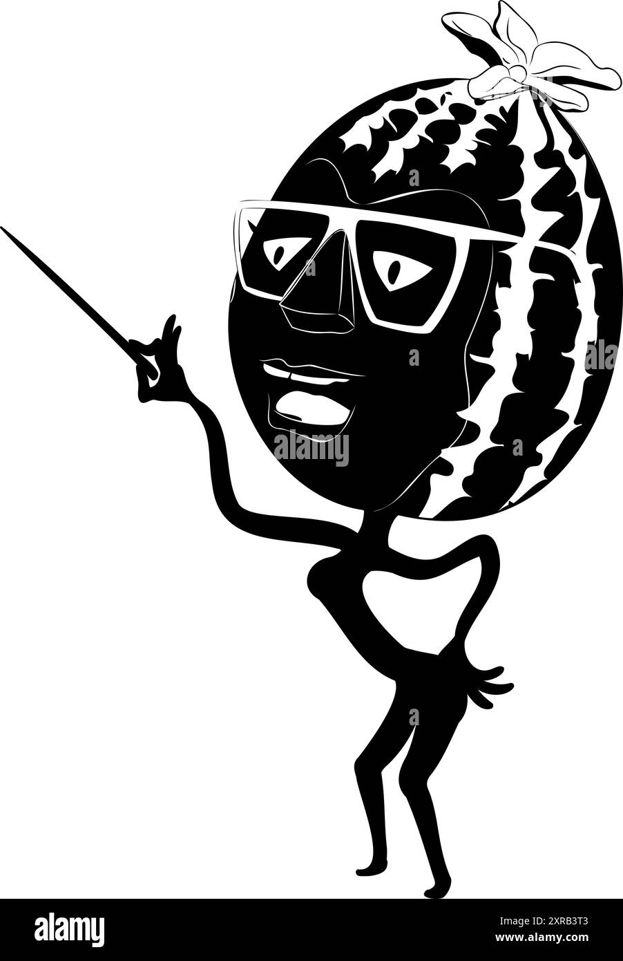 Vektorform einer Zeichentrickwassermelone mit Brille, die den Zeiger in der Hand hält. Stock Vektor