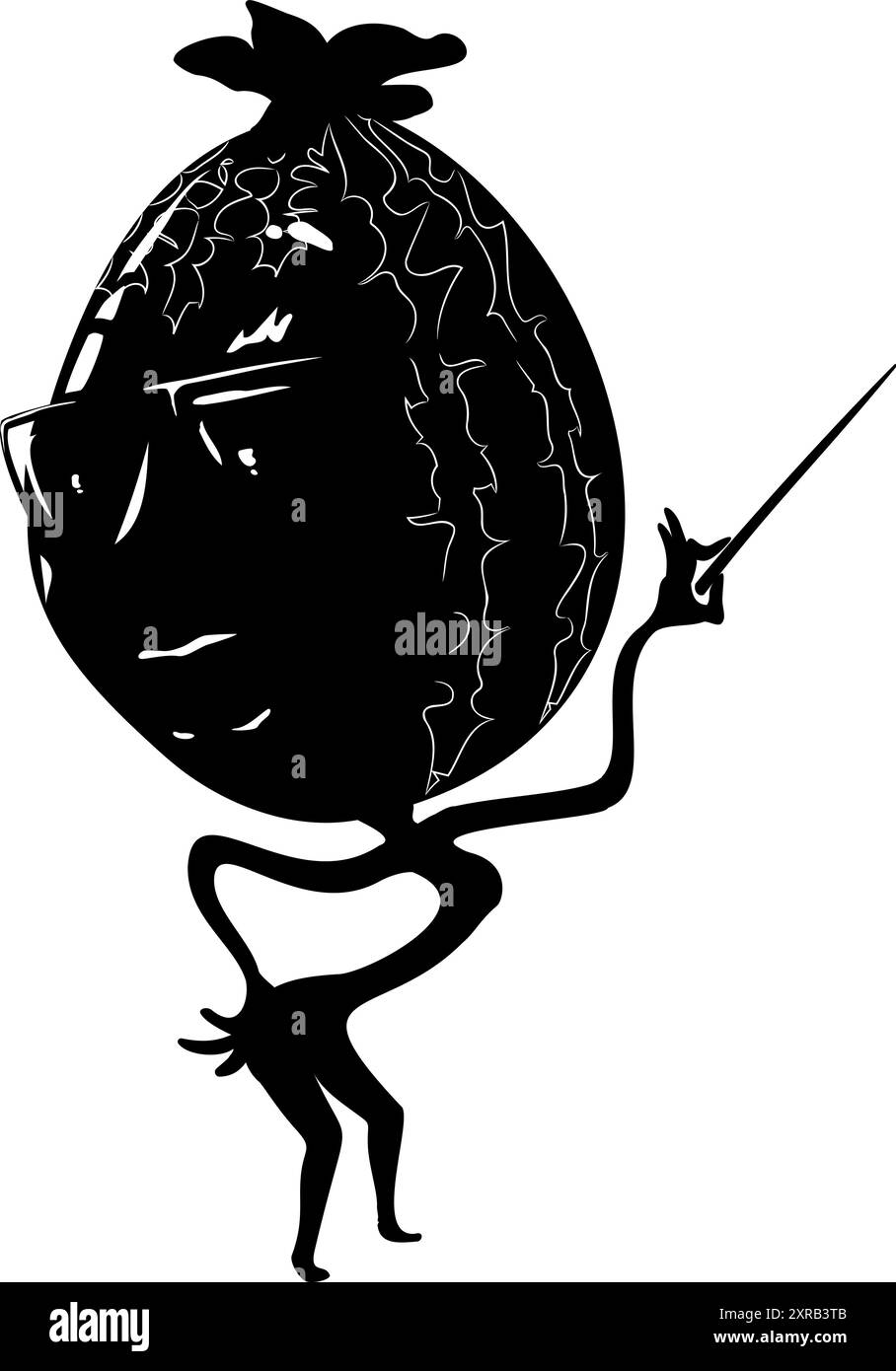 Vektorform einer Zeichentrickwassermelone mit Brille, die den Zeiger in der Hand hält. Stock Vektor
