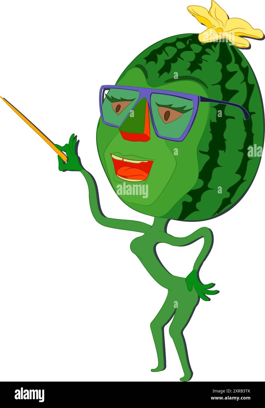 Zeichentrick-Wassermelone mit Brille, die den Zeiger in der Hand hält. Vektor-Illustration des Zeichentrickfilms Wassermelone Charakter mit Brille, die Zeiger hält Stock Vektor