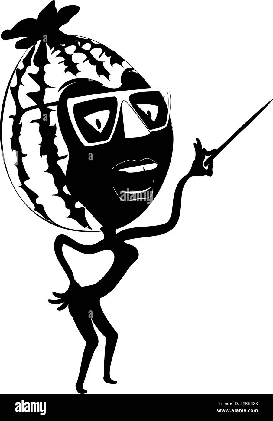 Vektorform einer Zeichentrickwassermelone mit Brille, die den Zeiger in der Hand hält. Stock Vektor