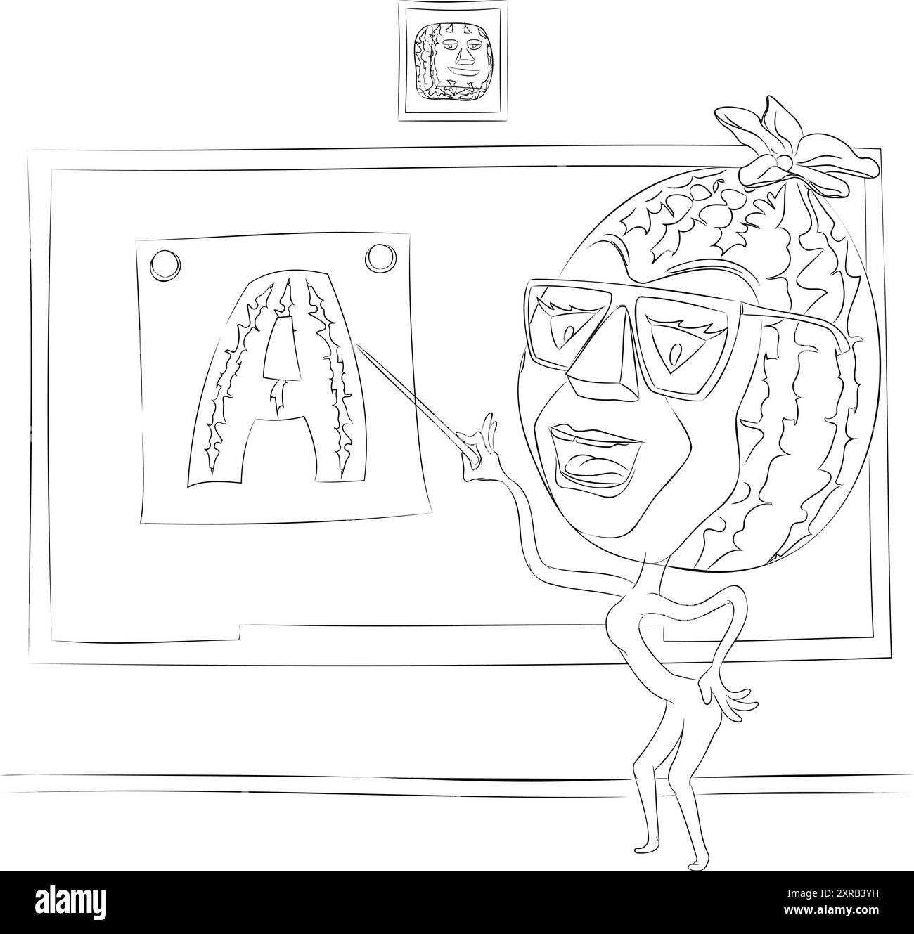 Strichkunstillustration eines Wassermelonenlehrers mit Brille, die auf das Bild mit Buchstabe A. zeigt Stock Vektor