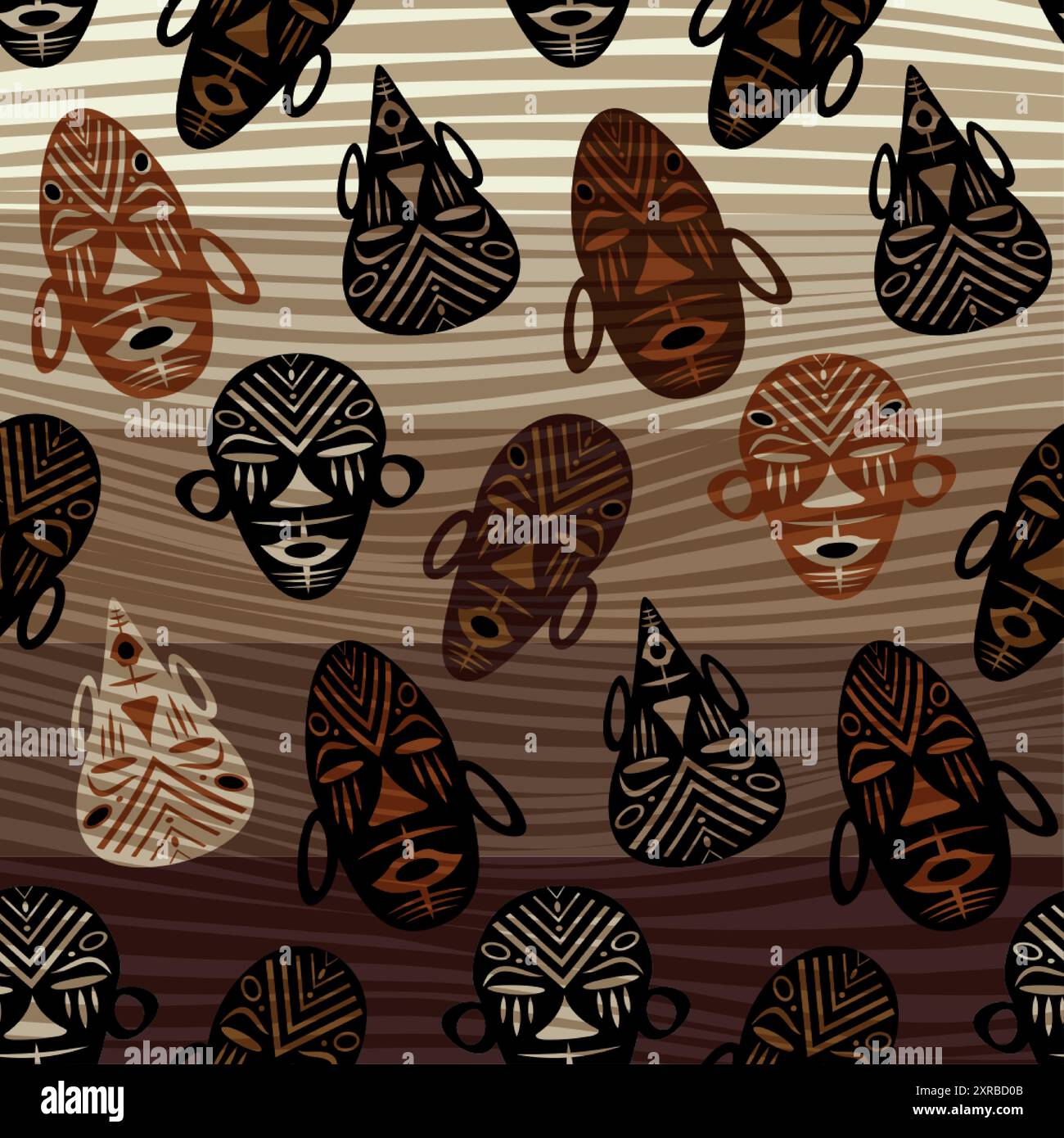 Nahtloser afrikanischer Hintergrund, ethnische Stammesmasken, primitive rituelle Masken der Wilden. Textur des Vintage Afro Art Designs. Azteken Indische Maya Stock Vektor