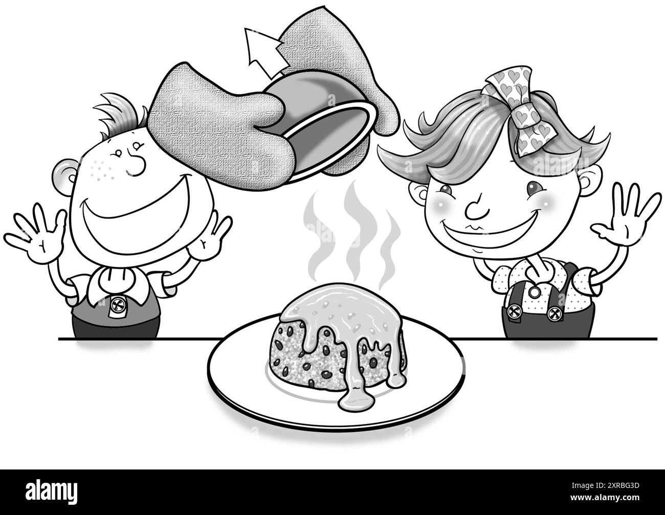 Schwarz-weiß-Kunst, Vorschulkinder kochen zusammen, lernen kochen, machen einen Schwamm gedämpften Pudding, Leckerpudding, Weihnachtsessen, Backen, Kochen Stockfoto