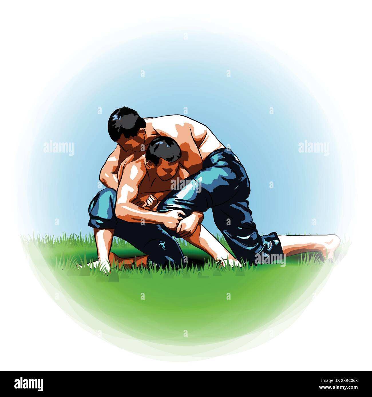 Die Vektor-Illustration des traditionellen türkischen Ölringes. Zwei Wrestler kämpfen auf dem Gras. Stock Vektor