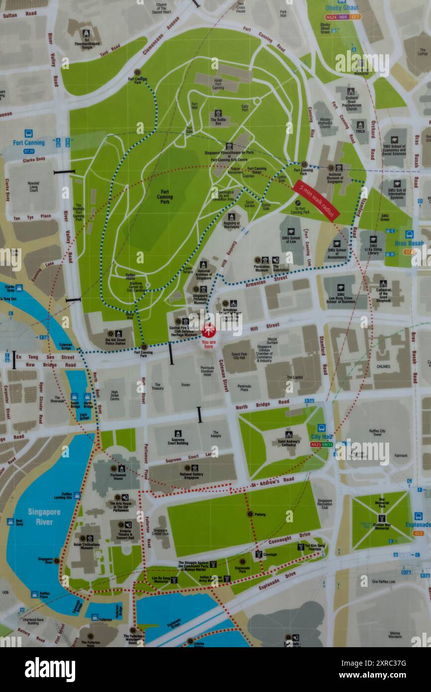 Asien, Singapur, Karte der Innenstadt mit Heritage Area und Fort Canning Park Stockfoto
