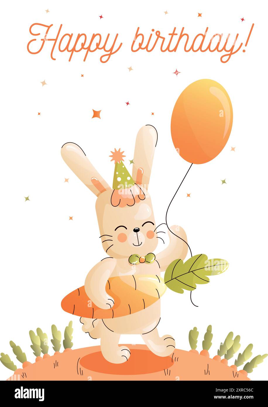 Niedliche Grußkarte für Kinder. Ein fröhlicher Hase in einem Partyhut hält einen Ballon, während er seinen Geburtstag feiert. Vektor Stock Vektor
