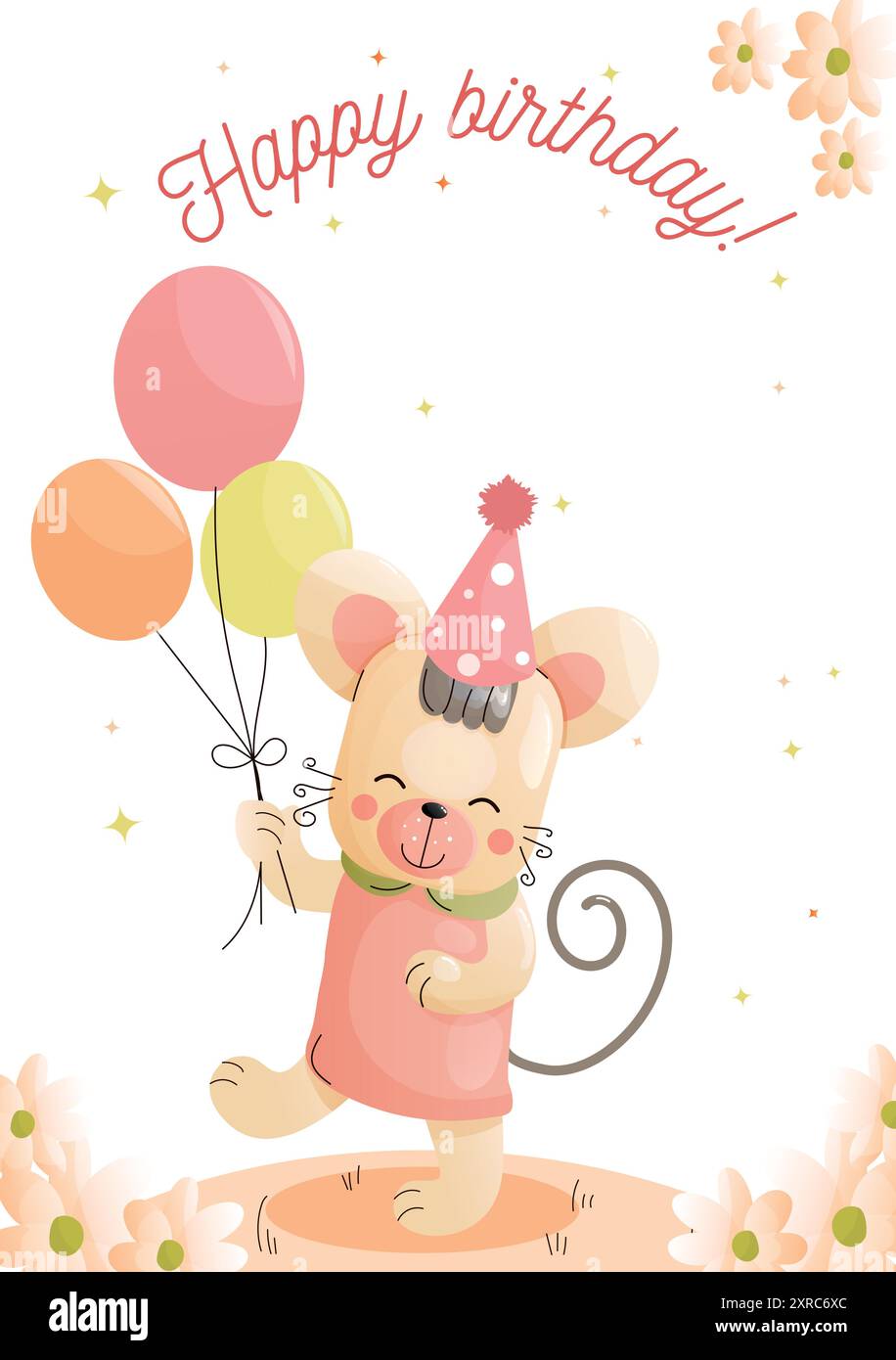 Niedliche Grußkarte für Kinder. Eine Maus im Partyhut hält fröhlich bunte Ballons, während sie einen Geburtstag feiert. Stock Vektor