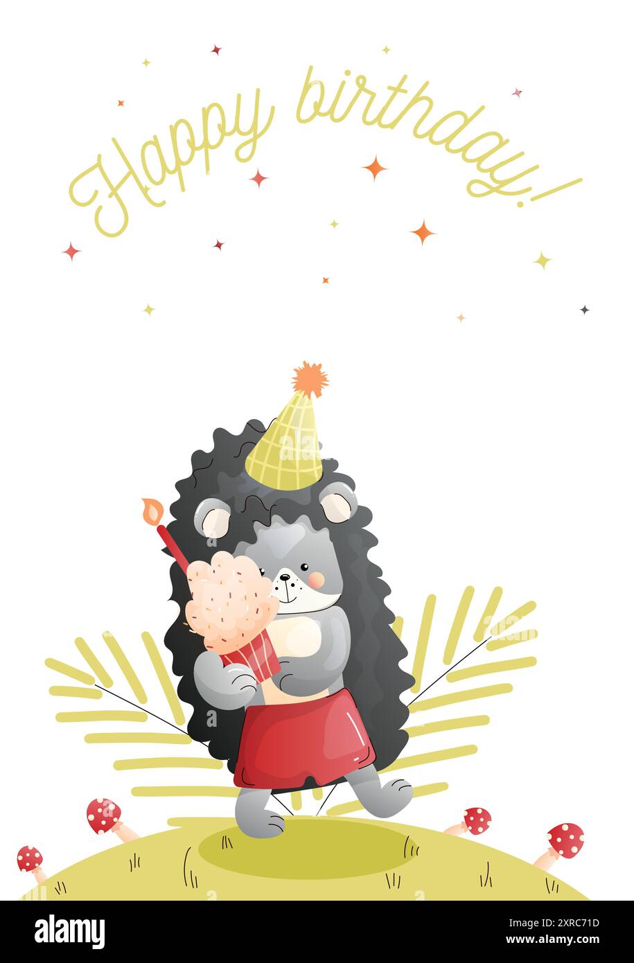 Niedliche Grußkarte für Kinder. Ein Igel mit Partyhut feiert einen Geburtstag mit einem Cupcake auf einer sonnigen Wiese. Stock Vektor