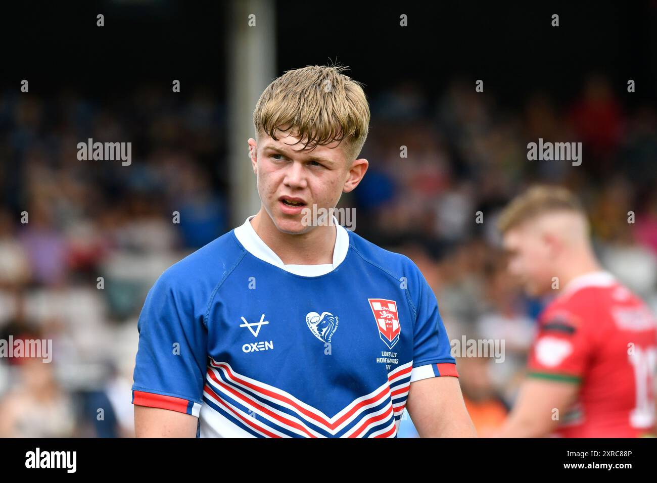 Neath, Wales. 3. August 2024. Presten Burgess of England Community Lions während des U16 Four Nations Rugby League Championship Spiels zwischen Wales und England Community Lions am 3. August 2024 bei den Lextan Gnoll in Neath, Wales, Großbritannien. Quelle: Duncan Thomas/Majestic Media. Stockfoto