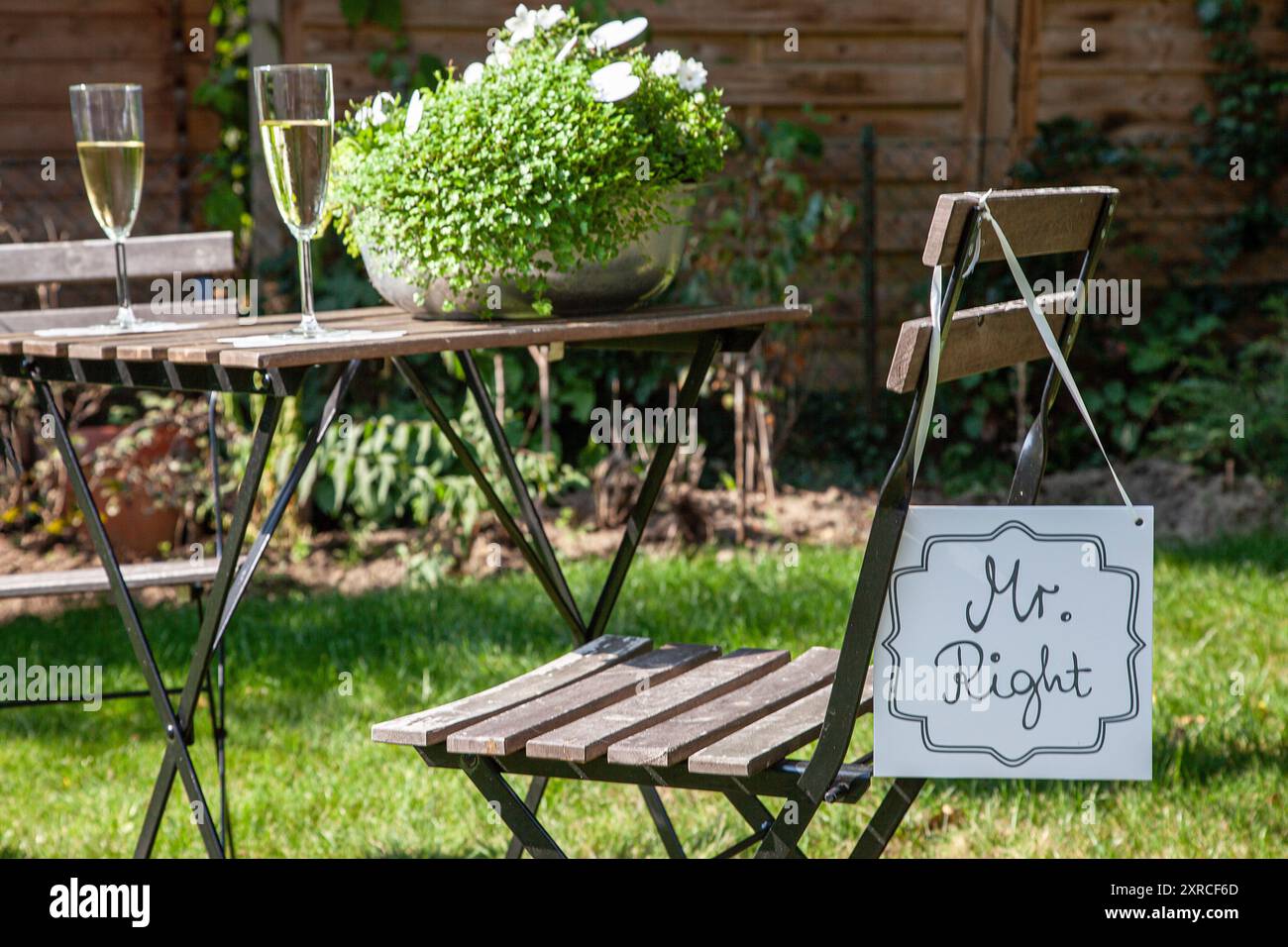 Tisch, Pflanzendekoration, Sektgläser, Stuhl und Schild mit der Aufschrift Mr. Right, Vorbereitungen und Dekoration für eine Hochzeit im Garten, GA Stockfoto