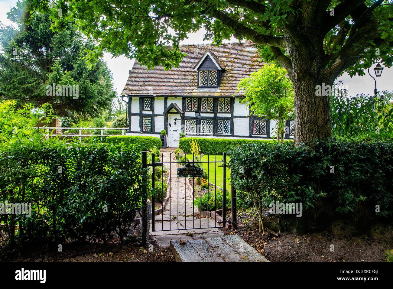 Traditionelles schwarz-weißes Cheshire Country Cottage in der Nähe der Marktstadt Nanthich Stockfoto