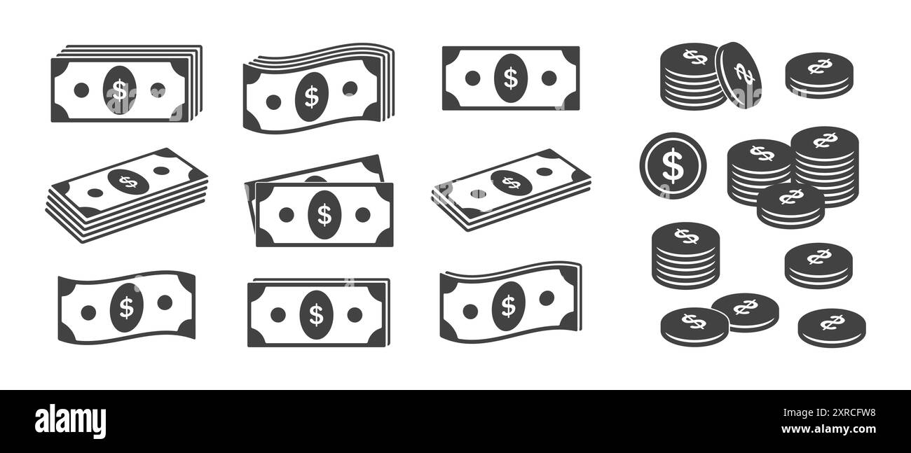 Bills Dollar Cent Münzen Symbole gesetzt. Geldscheine, Geldscheine und Cent. Vektorkonstruktionselemente isolieren Stock Vektor