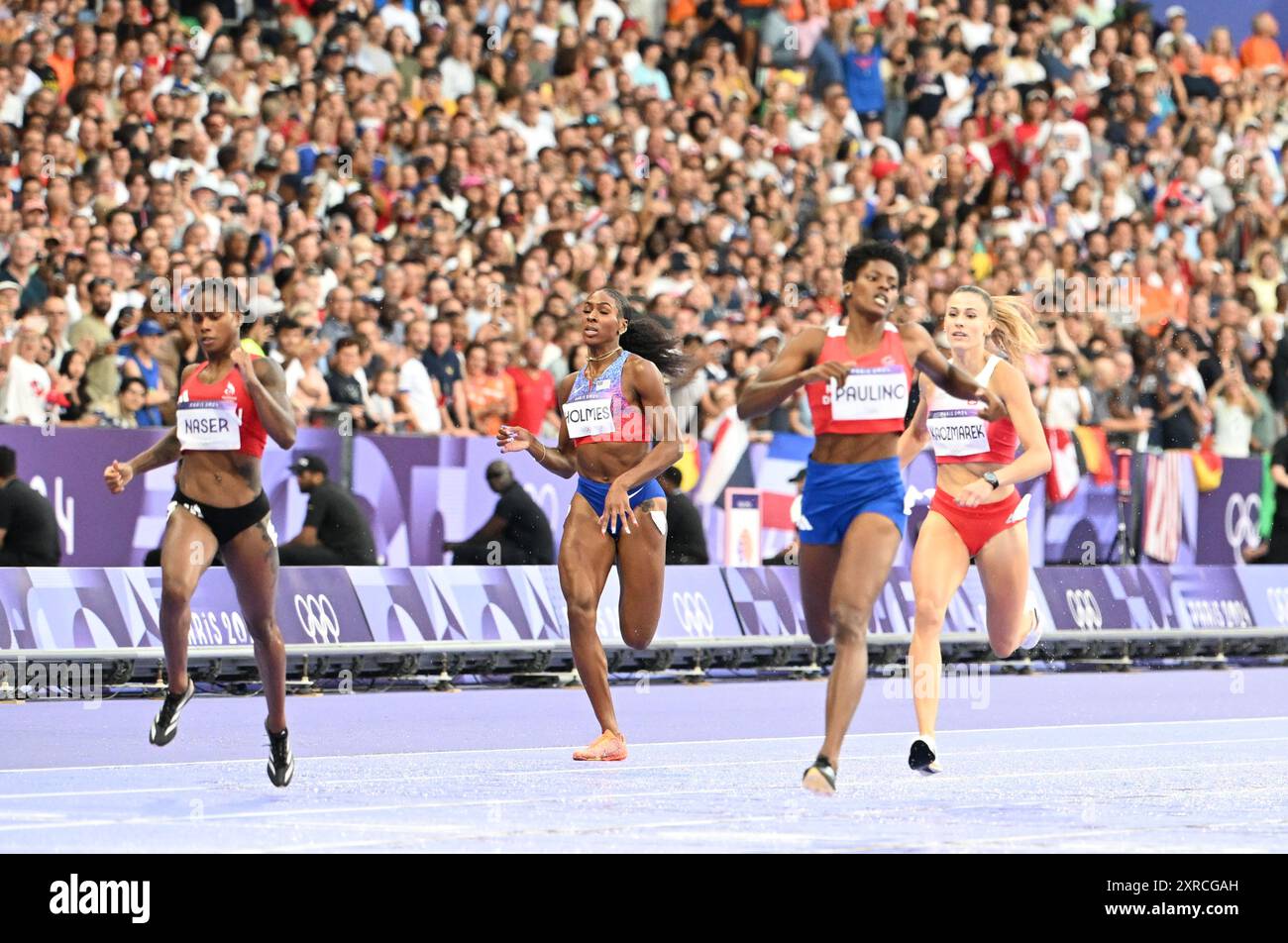 August 2024; Olympische Spiele in Paris, Stade de France, Paris, Frankreich, Tag 14; Leichtathletik-Vormittagssitzung, Leichtathletik-Abendsession, 400-m-Finale der Frauen, PAULINO Marileidy aus der Dominikanischen Republik gewinnt das Rennen und die Goldmedaille mit NASER Salwa Eid aus Bahrain als Zweiter und KACZMAREK Natalia aus Polen als Dritter Stockfoto