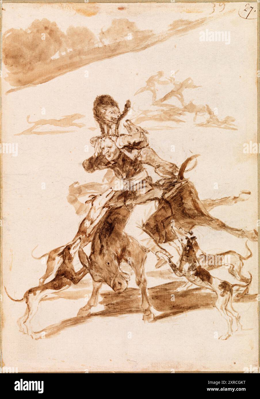 Hunde jagen eine Katze an einem Mann auf einem Esel. Francisco de Goya. c. 1812-1820. Stockfoto