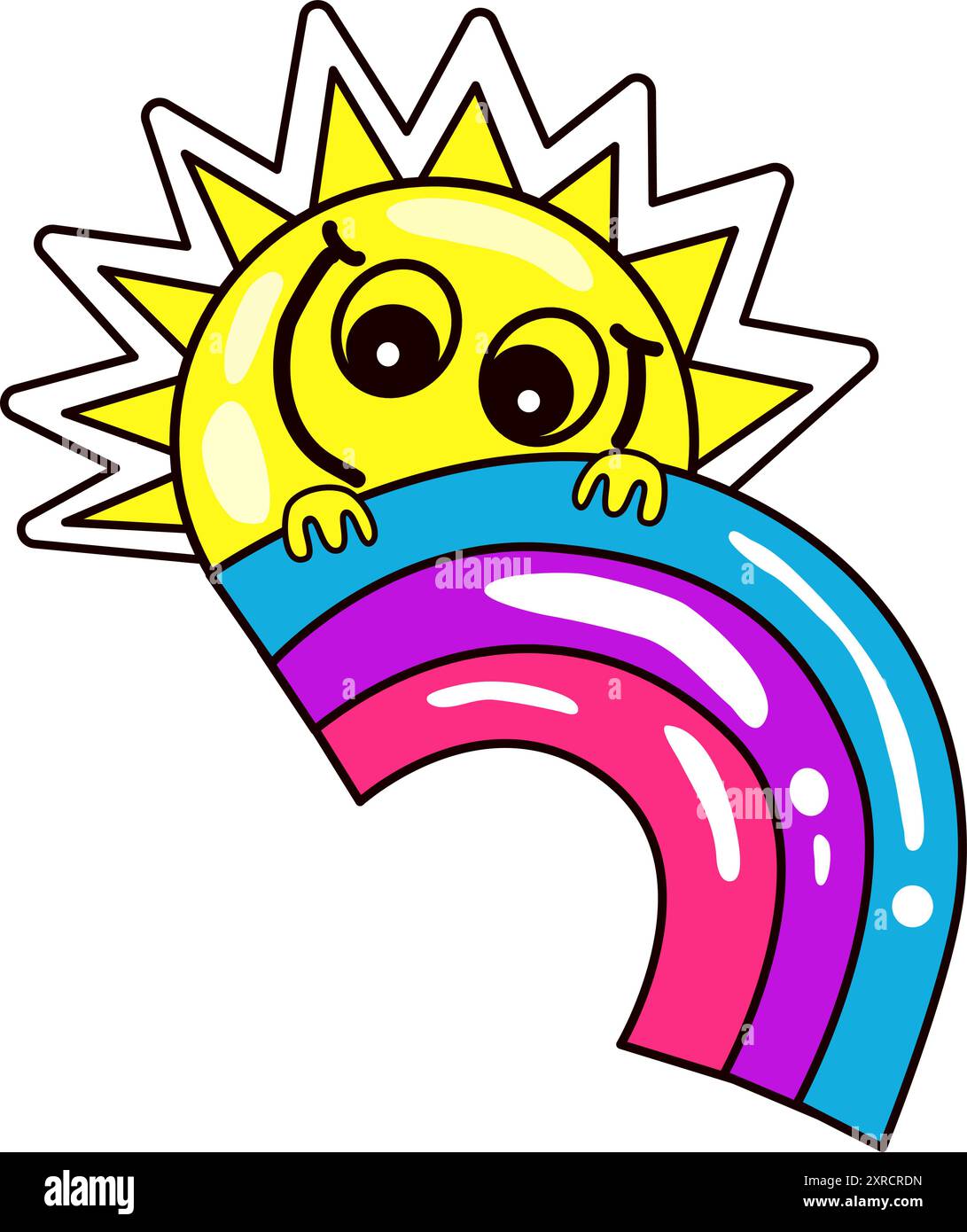 Netter grooviger Sonnencharakter mit Regenbogen-Illustration Vektor Stock Vektor